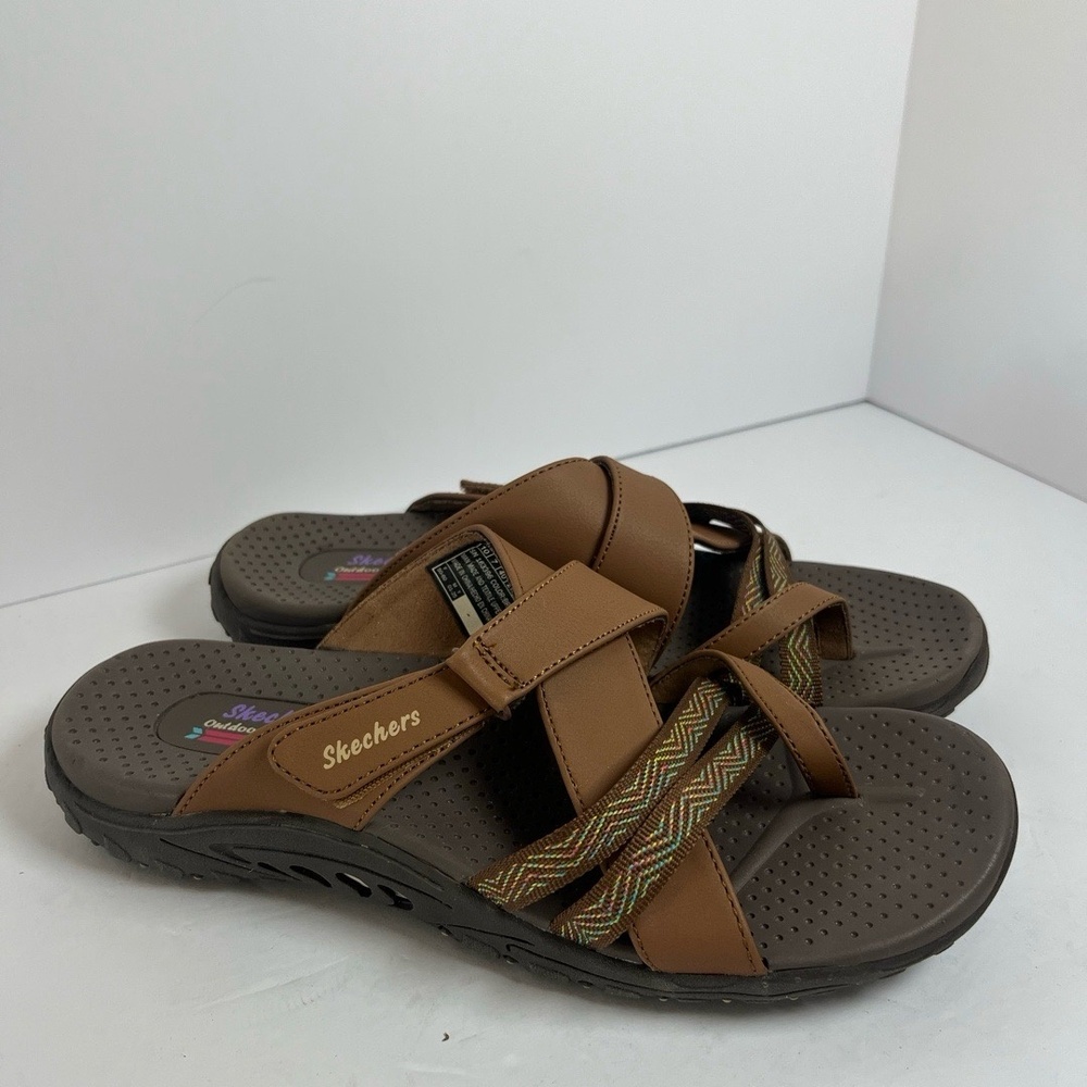 Skechers Tan Slide Sandals with Multicolor Woven Accent